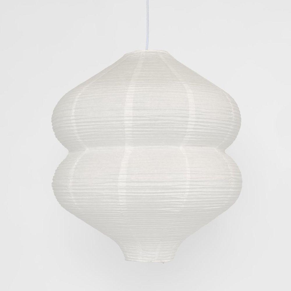 Paper shade pendant light with white lamp holder and power cord, flat-pack lightweight ceiling light for minimalist and modern interiors