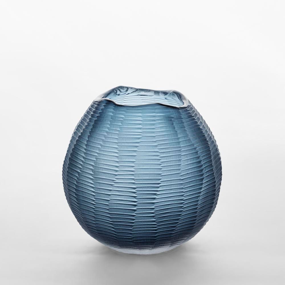 Artem blue carved glass ball vase, watertight decorative vase for fresh flowers and modern home décor