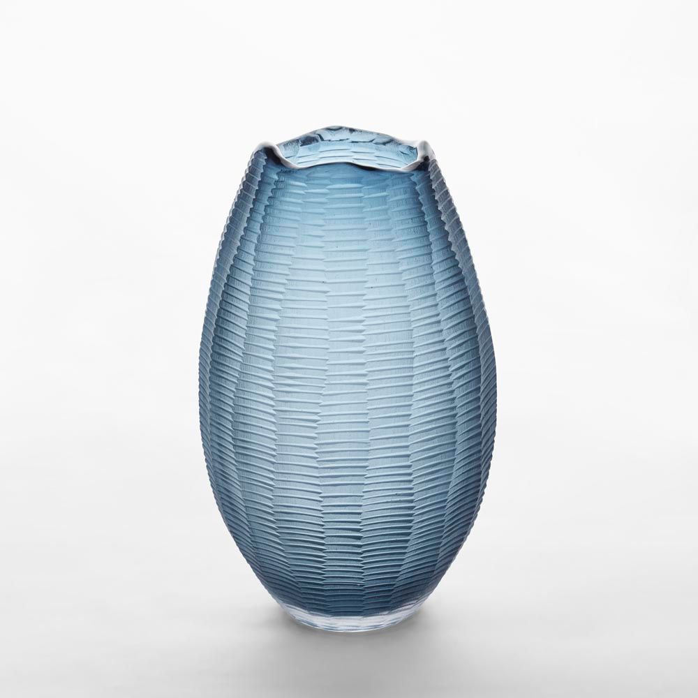 Blue textured glass vase, carved medium decorative vase for fresh flowers and table display