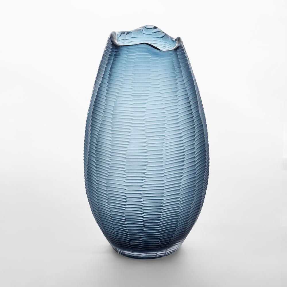Sculptural blue glass vase, large carved watertight vase for floral arrangements and interior focal point