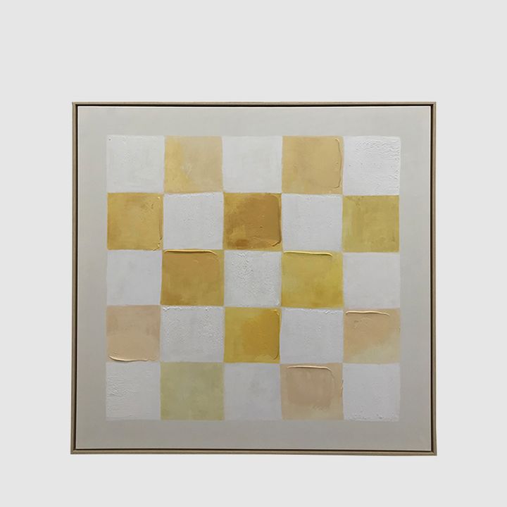 Large yellow geometric abstract wall art with textured canvas and modern design.