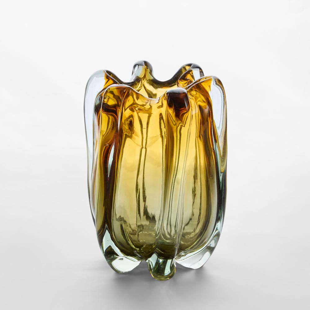 Sculptural handblown glass vase, amber green ombre decorative vase for statement floral arrangements