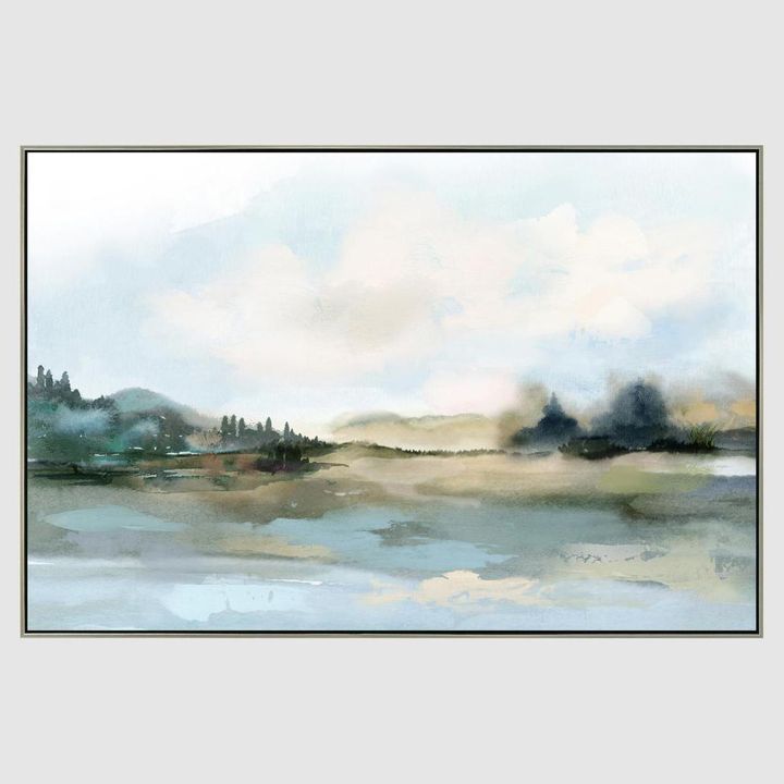Vista Magic wall art featuring an abstract blue composition with dynamic forms, framed canvas artwork 82.5 x 122.5 cm
