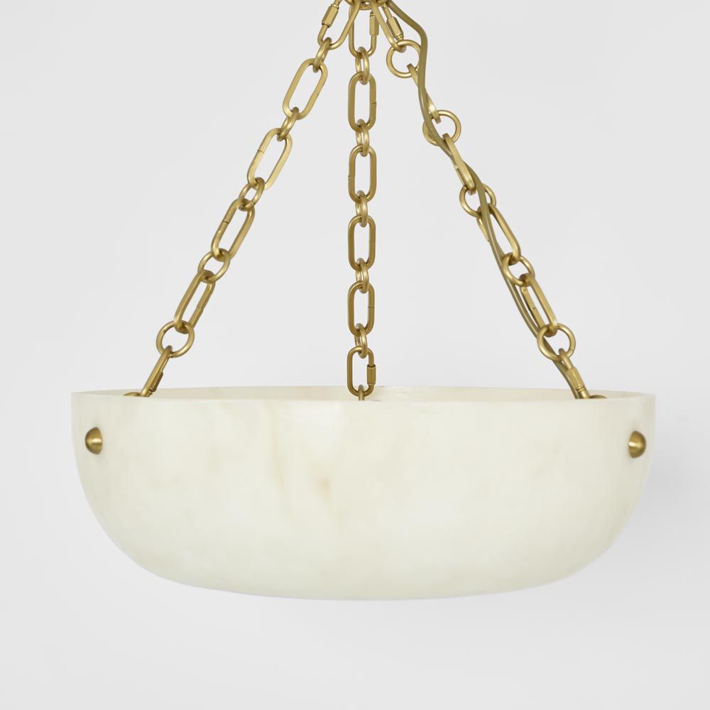 Arcadia ceiling pendant light with iron frame and faux alabaster detail, elegant modern chandelier for dining rooms, living spaces, and entryways by Florabelle