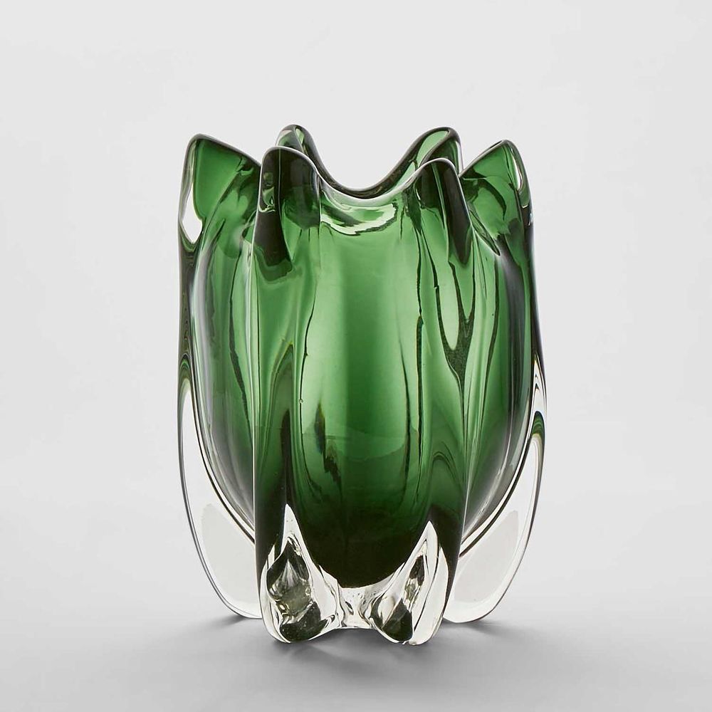 Small solid green glass vase, handblown watertight decorative vase for contemporary home styling