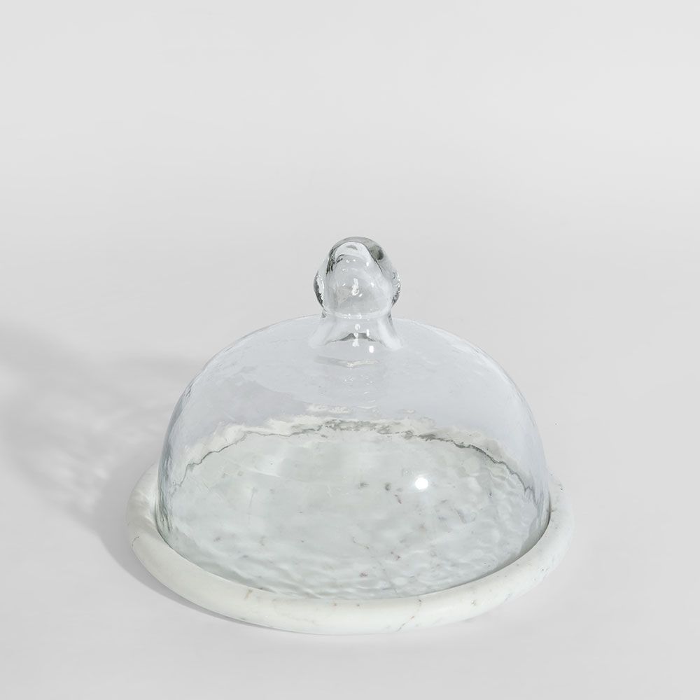Elegant small marble white cloche with glass dome cover for minimalist home decor display