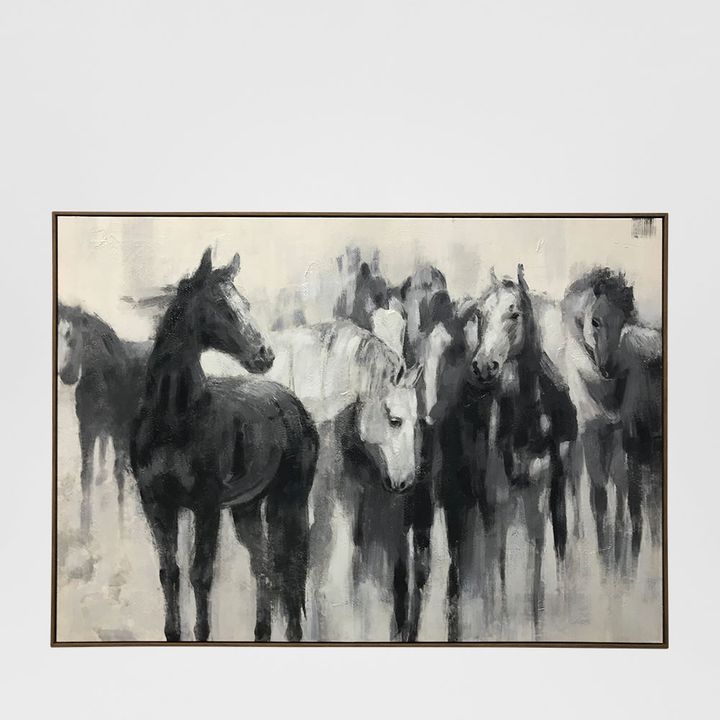 Hand-embellished canvas print in veneer frame, securely packaged with protective paper corners and shrink wrap.