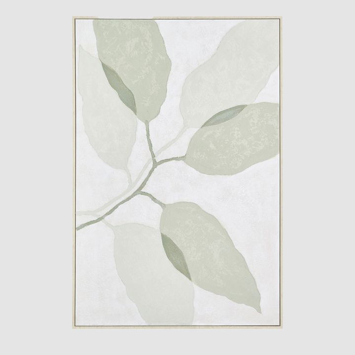 Eucalyptus Calm minimalist artwork with soft sage and muted green tones on textured white background.