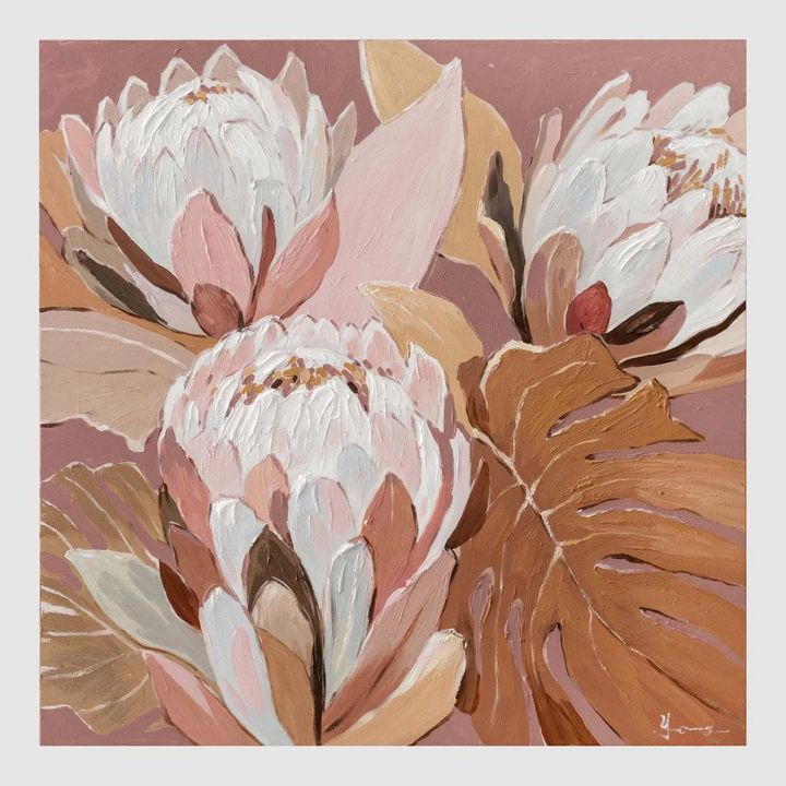 Blush Protea botanical artwork featuring muted pink protea blooms with cream and ochre tones and textured brushwork.