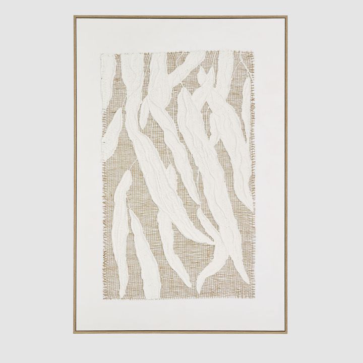 White botanical motifs hand-applied on textured linen background natural minimalist wall art.