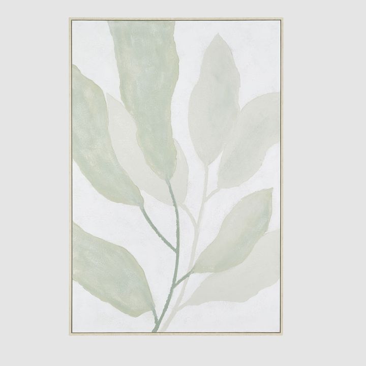 Soft sage and muted green botanical wall art with gentle brushwork on white textured backdrop.