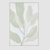 Soft sage and muted green botanical wall art with gentle brushwork on white textured backdrop.