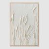 Whispered Grains wall art with hand-sculpted relief grasses in soft ivory and natural tones.