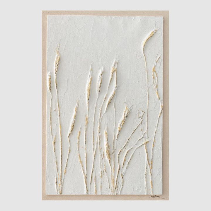 Whispered Grains wall art with hand-sculpted relief grasses in soft ivory and natural tones.