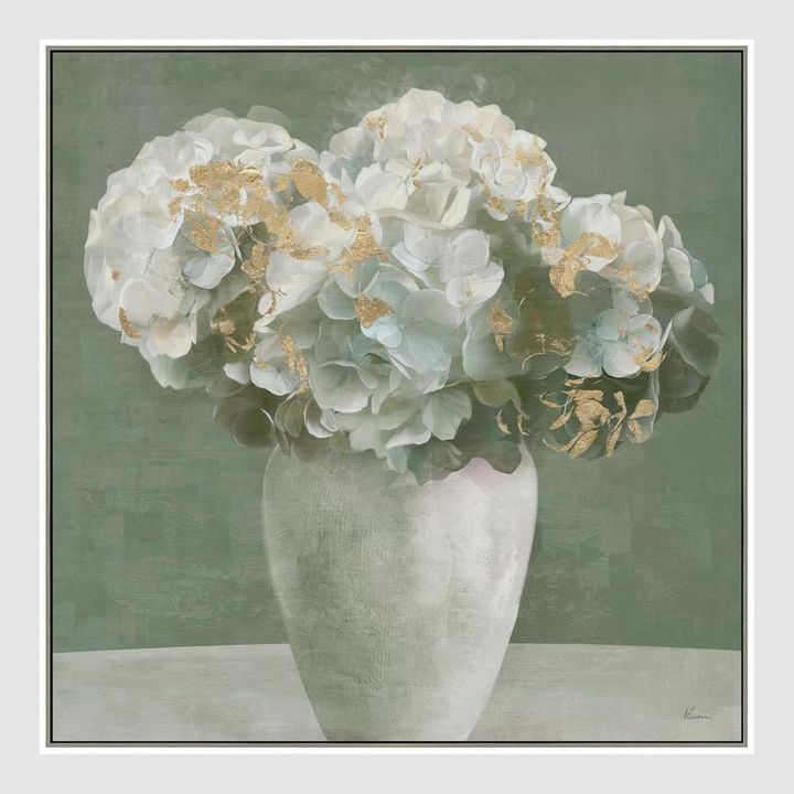 Golden Bloom floral canvas artwork with white hydrangeas, subtle gold embellishments and sage background.
