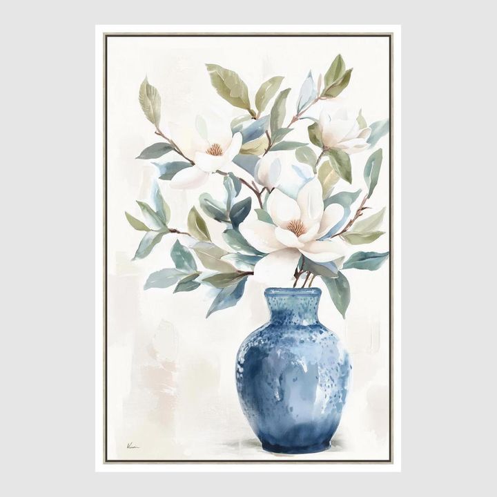 Magnolia flower canvas art with soft brushstrokes and calming ivory sage and blue palette.