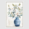 Magnolia flower canvas art with soft brushstrokes and calming ivory sage and blue palette.
