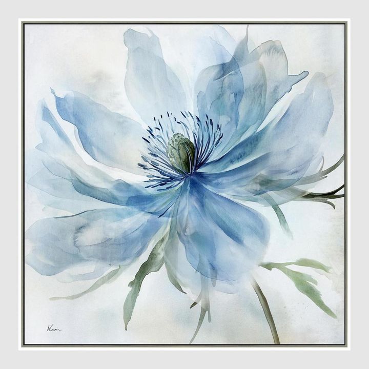 Azure Bloom B wall art featuring an ethereal single flower in soothing blue and soft green tones, large framed floral artwork 82.5 x 82.5 cm