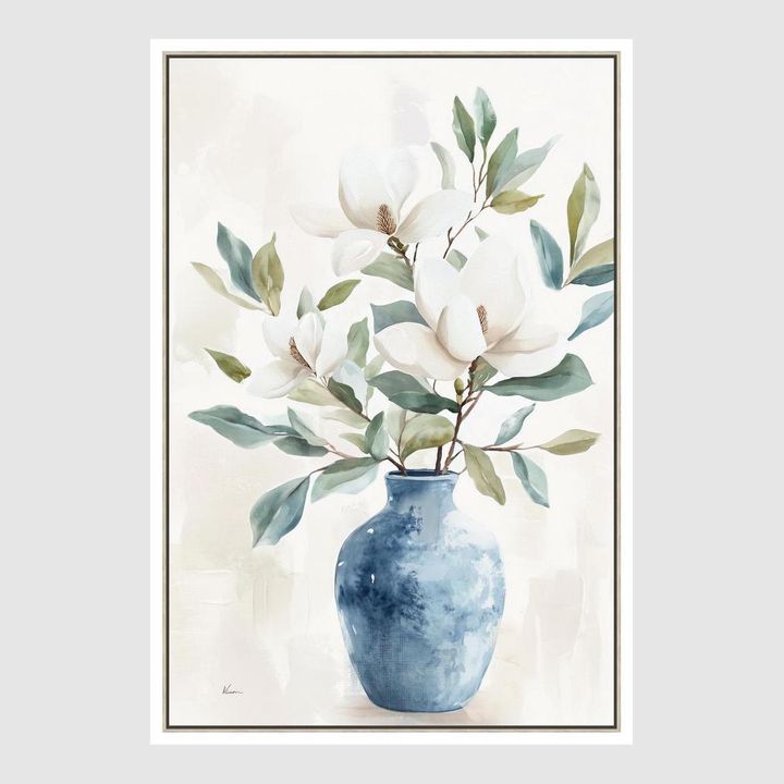 Magnolia Serenity A wall art featuring a serene magnolia floral design in soft neutral tones, large framed botanical artwork 82.5 x 122.5 cm