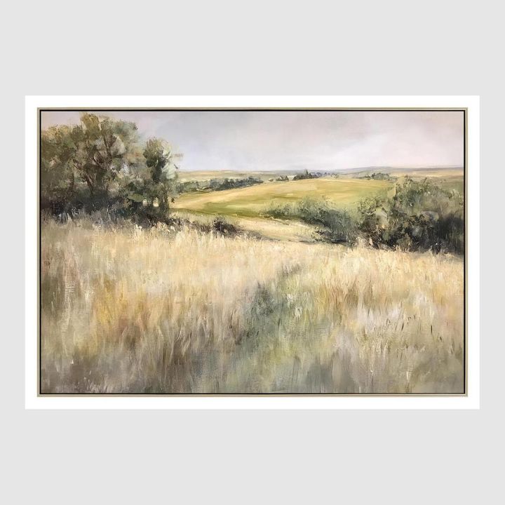 Golden Horizon landscape artwork of golden and green grasslands beneath a soft sky with gentle textured brushwork.