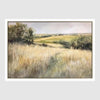 Golden Horizon landscape artwork of golden and green grasslands beneath a soft sky with gentle textured brushwork.