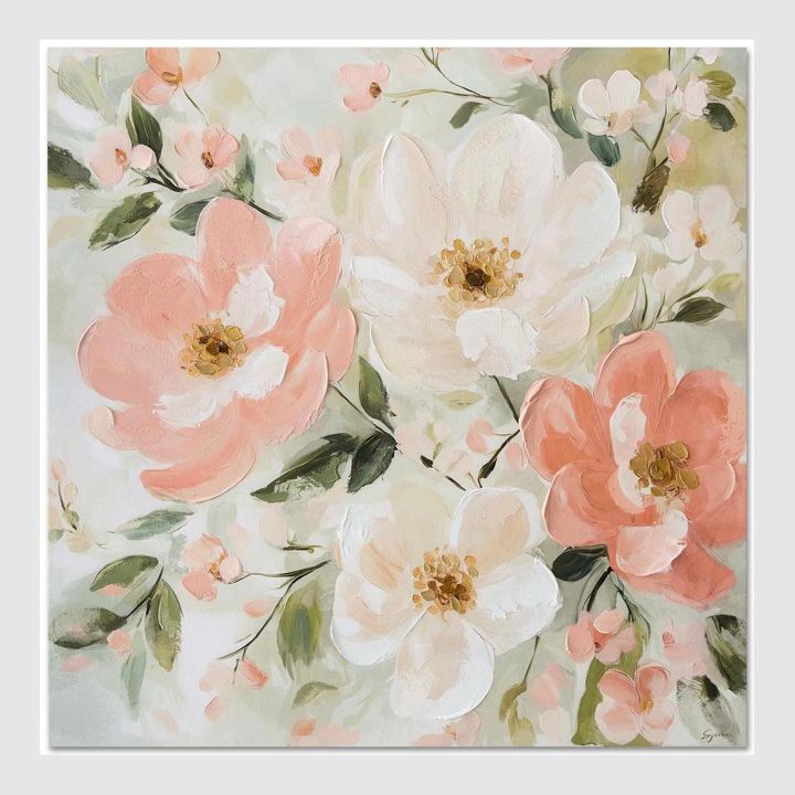 Blush Garden floral canvas artwork with blush pink, ivory, and coral blossoms and layered greenery.