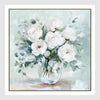 Whispering Blooms A wall art featuring soft white flowers in a glass vase in mint and sage tones, large framed floral artwork 82.5 x 82.5 cm
