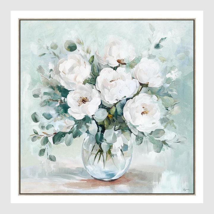 Whispering Blooms A wall art featuring soft white flowers in a glass vase in mint and sage tones, large framed floral artwork 82.5 x 82.5 cm