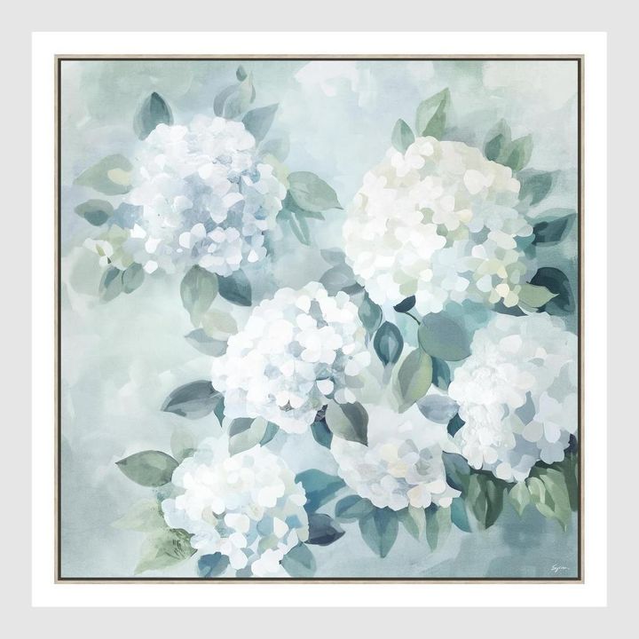 Whispering Blooms B wall art featuring soft white flowers in a glass vase in mint and sage tones, large framed floral artwork 82.5 x 82.5 cm