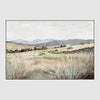Golden Horizon landscape canvas artwork of warm gold and green grasslands beneath a soft sky with delicate textures.