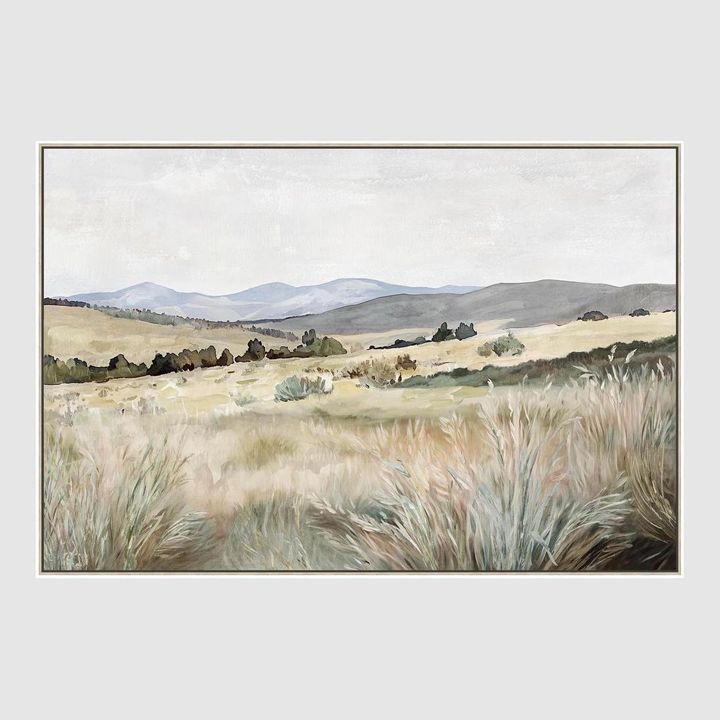 Golden Horizon landscape canvas artwork of warm gold and green grasslands beneath a soft sky with delicate textures.