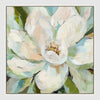 Radiant Bloom magnolia floral canvas artwork with creamy white petals, golden tones, and verdant green accents.
