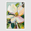 Magnolia flower wall art with expressive textured brushwork in white, blush, and leafy green tones