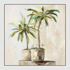Sunlit Palms wall art featuring sculptural potted palm leaves in soft green and neutral tones, large framed botanical artwork 82.5 x 82.5 cm