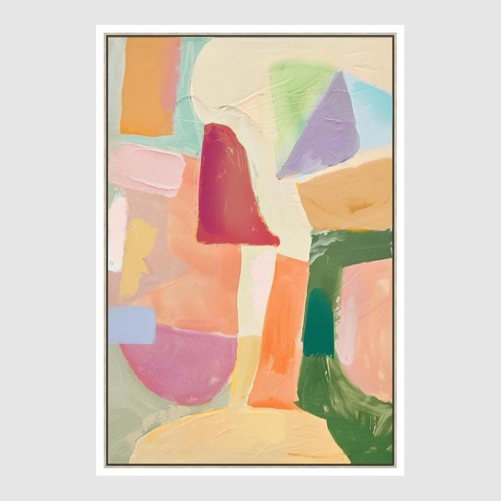 Playful Balance abstract artwork with layered brushstrokes in blush citrus green and lilac tones.