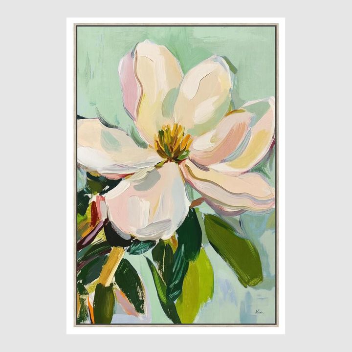 Golden Bloom magnolia floral artwork with textured creamy white, blush, and green brushstrokes on serene background.