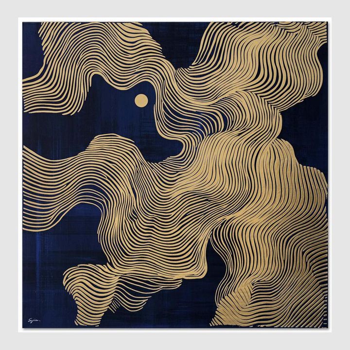Abstract indigo and gold wall art with flowing metallic lines and rich deep blue depth.