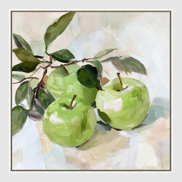 Verdant Still Life canvas artwork featuring green apples in balanced composition with expressive brushstrokes and soft luminous palette.
