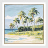 Tropical Drift coastal canvas art with breezy palms leaning toward the ocean under soft blue sky in greens, aquas, and sandy neutrals.