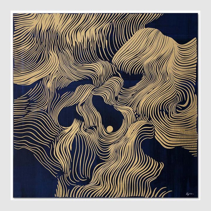 Celestial Currents abstract artwork with sweeping metallic gold lines on deep indigo background.