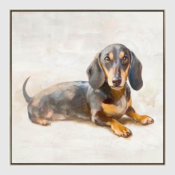Dachshund Daydream dog art featuring dachshund portrait with creamy neutral tones and soft painterly brushwork.