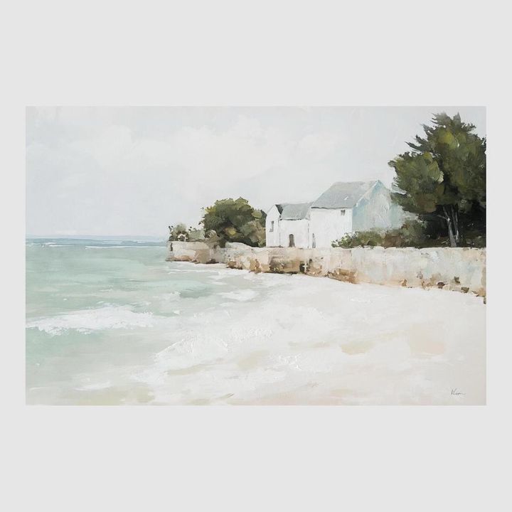 Whispers of the Coast coastal canvas art with whitewashed cottages under soft sky, muted palette and layered brushwork.