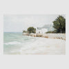 Whispers of the Coast coastal canvas art with whitewashed cottages under soft sky, muted palette and layered brushwork.