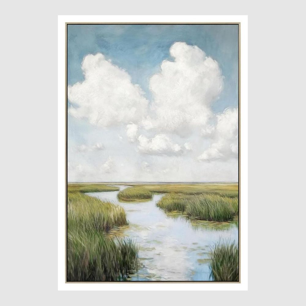 Still Horizons landscape artwork with open sky, reflective waters, soft clouds, and serene marshland reflections.