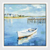 Harbour Stillness wall art featuring a calm harbour scene with a lone white boat on mirrored water under a soft sky, framed coastal artwork 62.5 x 62.5 cm