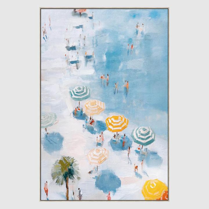 Coastal beach wall art with tranquil sea, sky and shoreline in calming natural tones.