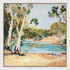 Serene creek landscape wall art with water, trees, and calming earthy colours.