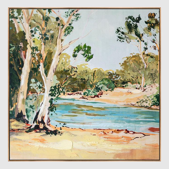 Serene creek landscape wall art with water, trees, and calming earthy colours.
