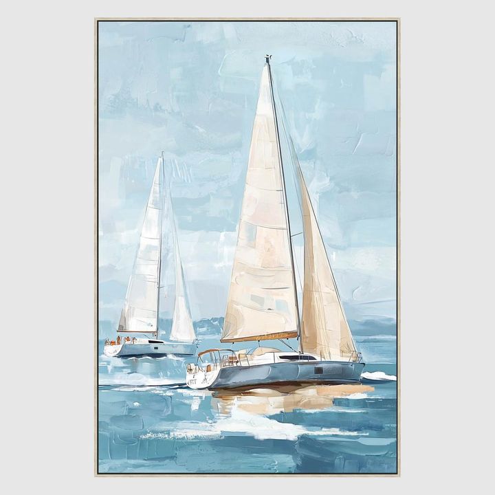 Nautical sailboat wall art with blue ocean tones and serene coastal design.