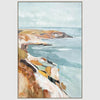 Coastal wall art with sailboat and water scene in calming blue and neutral tones for home décor